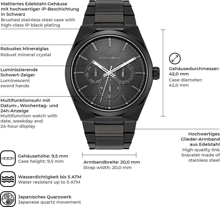 Produktbild Herren Multifunktionen Cooledge Edelstahl schwarz - 5610 (Analoguhr, 42 mm)