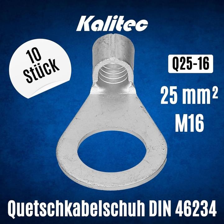 Produktbild Kalitec 10 Stück Q25-16 Quetschkabelschuh 25mm² M16 I Unisoliert I Dornpressung I Für mehr-, fein- u