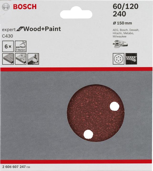 Produktbild Bosch Professional Zubehör Schleifblatt C430, 150 mm, 60, 120, 240, 6 Löcher, Klett, 6er-Pack (60, 120, 240)