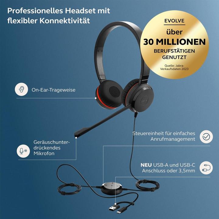 Actual product image Jabra Evolve 30 (Cable, USB-A, USB-C, Microsoft teams)