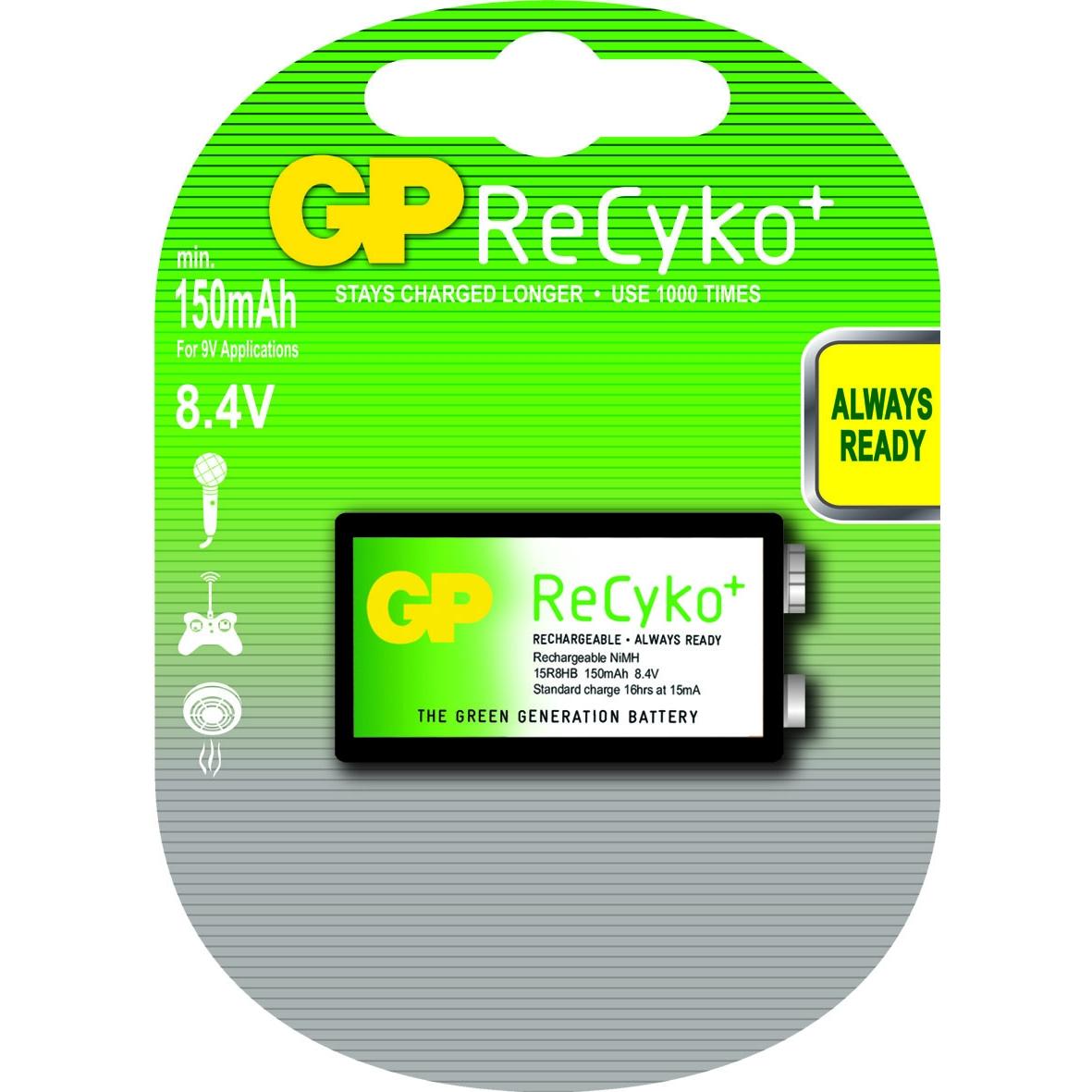 GP Batteries GP ReCyko+ Typ 9V E-Block, 150mAh, 1 Stk. (1 Stk., 9V Block, 150 mAh), Batterien + Akkus