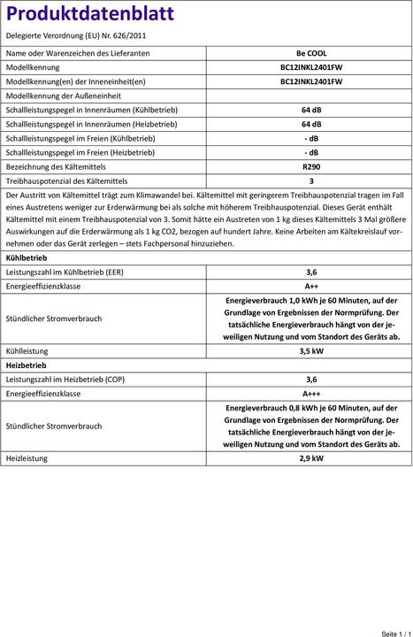 Produktbild Be Cool Energiesparendes Inverter-Klimagerät 12000BTU (42 m², 12000 BTU/h)