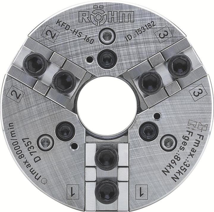 Produktbild Röhm Kraftspannfutter KFD-HS 160, 3-Backen, Kreuzversatz, Zylindrische Zentrieraufnahme
