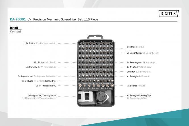 Produktbild Digitus Schraubendreher Set (Hex, Pozidriv-Kreuzschlitz (PZ), 5-Kant (Pentagon), Tri-Wing)