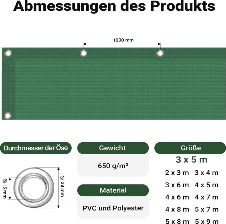Produktbild Wiltec Abdeckplane wetterfest dunkelgrün 3x5m Polyester Gartenplane 650g/m² Ösen (5 x 3 m)