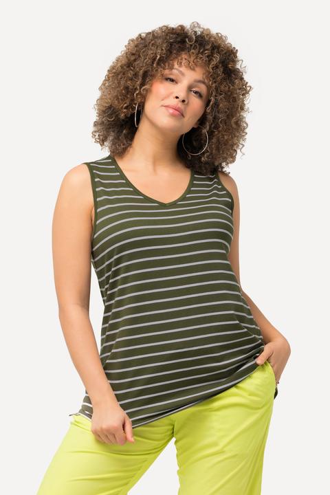 Actual product image Ulla Popken 2 Pack of V-Neck Cotton Knit Tanks - Stripe, Solid (46, 48)