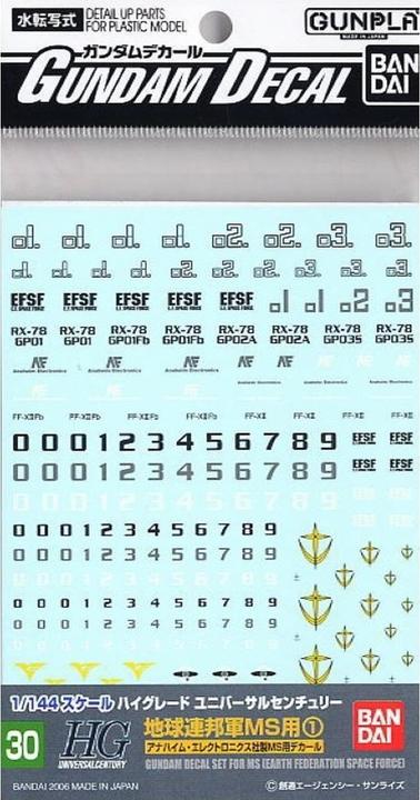 Bandai Gundam 1st: Decal 30 HGUC Multiuse - Earth Federation 1