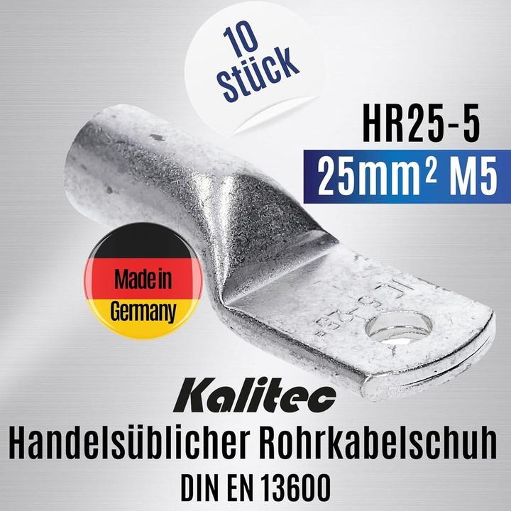 Produktbild Kalitec 10 Stück HR25-5 Handelsübliche Rohrkabelschuhe 25mm² M5 I ohne Sichtloch I Made in Germany