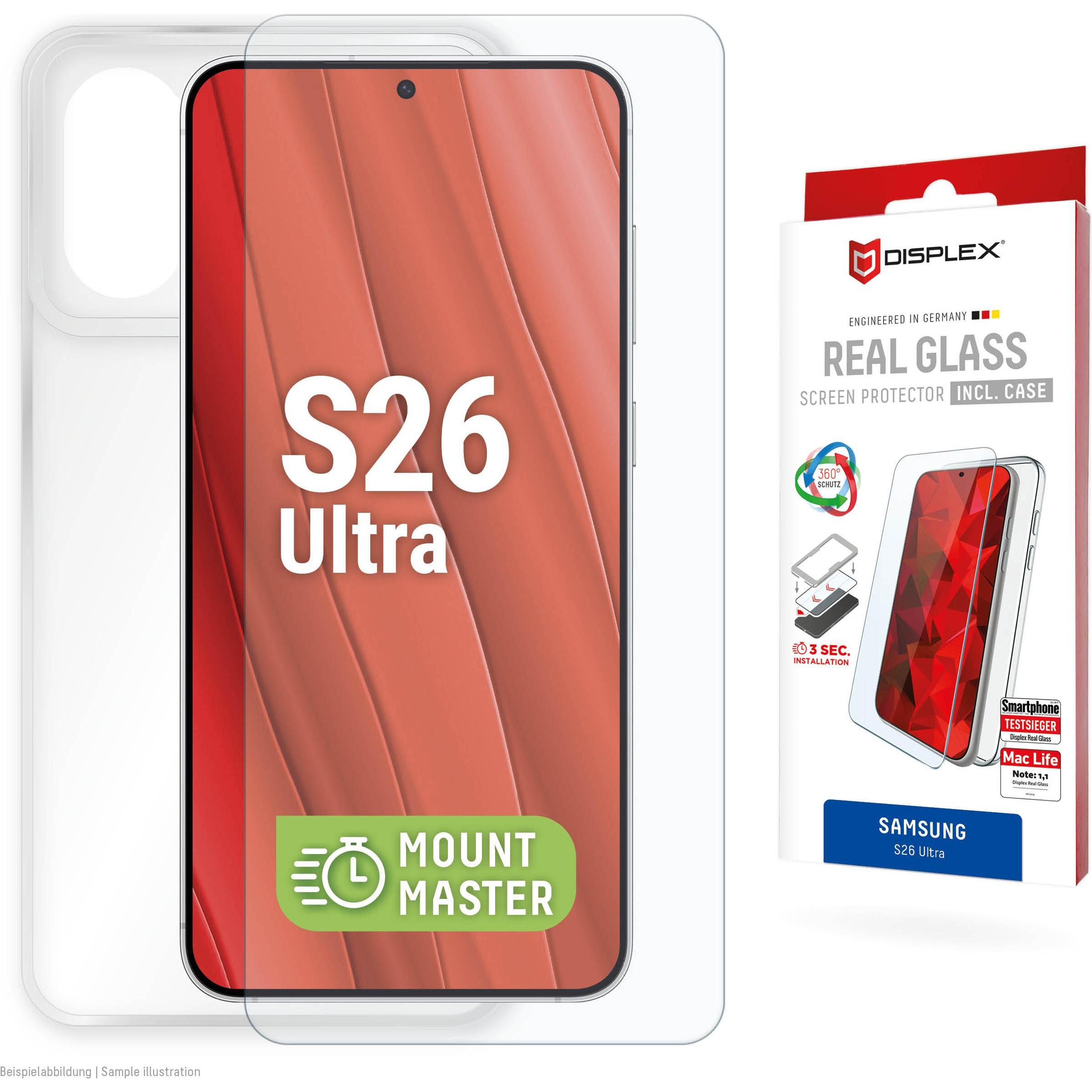 Displex Real Glass, 2D Panzerglas + Handyhülle, MountMaster (1 pz., Samsung Galaxy S26 Ultra), Pellicola protettiva smartphone, Trasparente