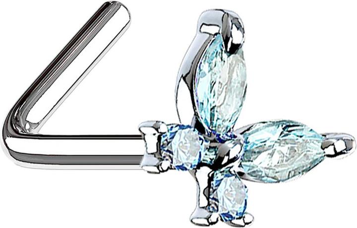 Produktbild Star Piercing Nasenstecker gewinkelt silber Schmetterling mit Kristallen aqua (Messing, Chirurgenstahl 316L)