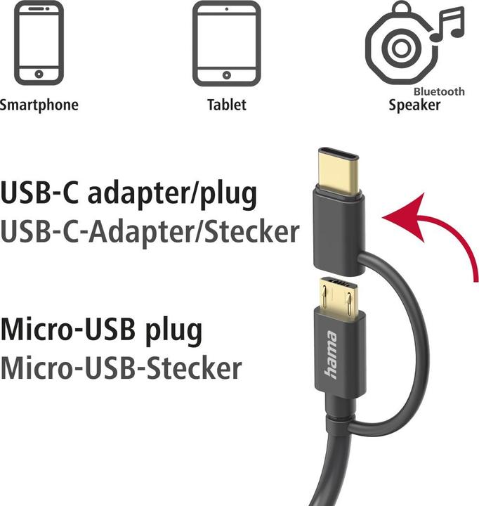 Image du produit Hama Câble de charge multiple 2en1, USB-A - Micro-USB et USB-C, 1 m, noir (1 m, USB 2.0, 5 W)