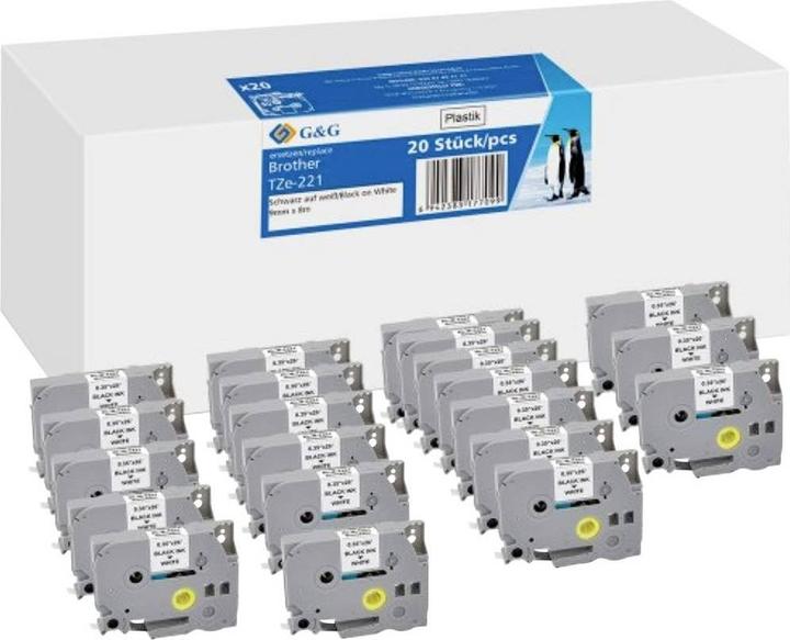Produktbild G&G 20x Schriftband 9mm x 8m sw- ws komp. m. Brother TZe-221 (0.90 cm, Schwarz, Weiss)