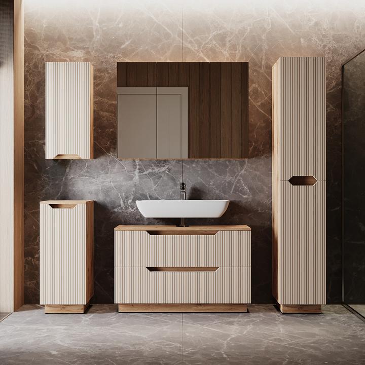 Actual product image Vicco Waschbeckenunterschrank Lotta, Eiche/Kaschmir gestreift, 99.4 x 62.5 cm mit 2 Schubladen (99.40 x 32 x 62.50 cm)