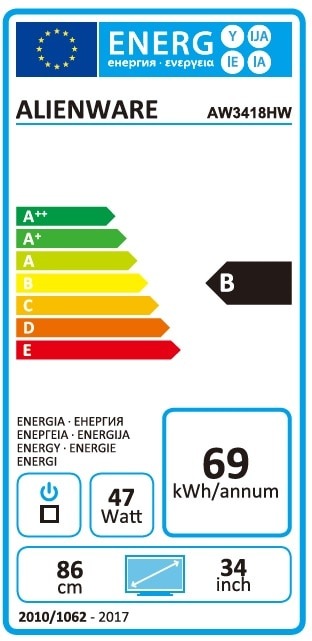 Energy Label Dell Alienware AW3418HW 34" schwarz (2560 x 1080 pixels)