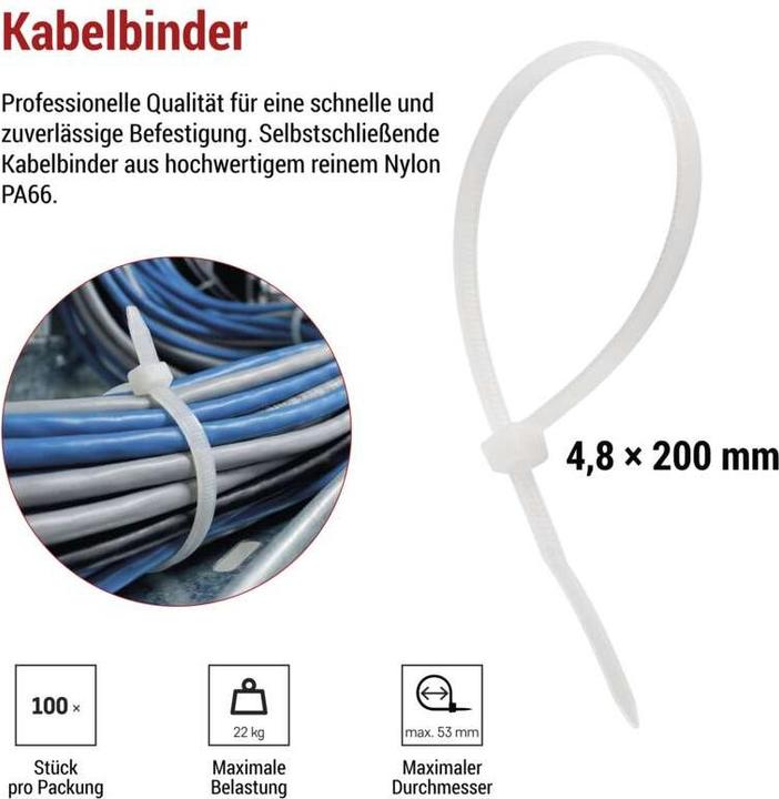 Produktbild Emos Kabelbinder 200×4,8, weiss, 100 Stk (200 mm, 100 Stk.)