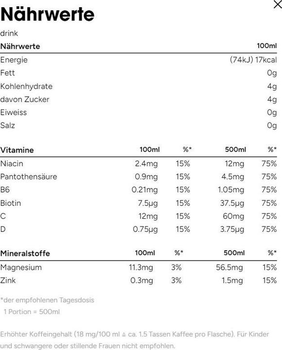 Nährwerte und Zutaten Focuswater Kick (Pfirsich & Apfel, 6 x)