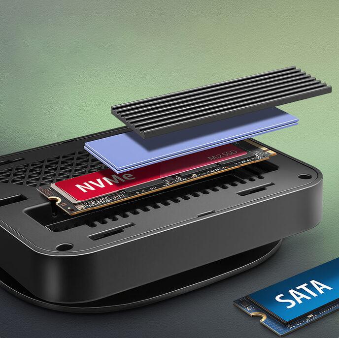 Produktbild Axagon HMC-UFO USB-C Hub, M.2 SATA/NVMe, 1 Gbit/s Ethernet, 384 kHz Audio - schwarz/silber (USB-C, 1 Port)