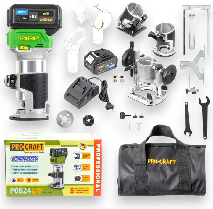 Productafbeelding Procraft POB24-1B-F Akku Multifunktionsfräse 20 V 6 / 8 mm Brushless + 1x Akku 4,0 Ah + Ladegerät +