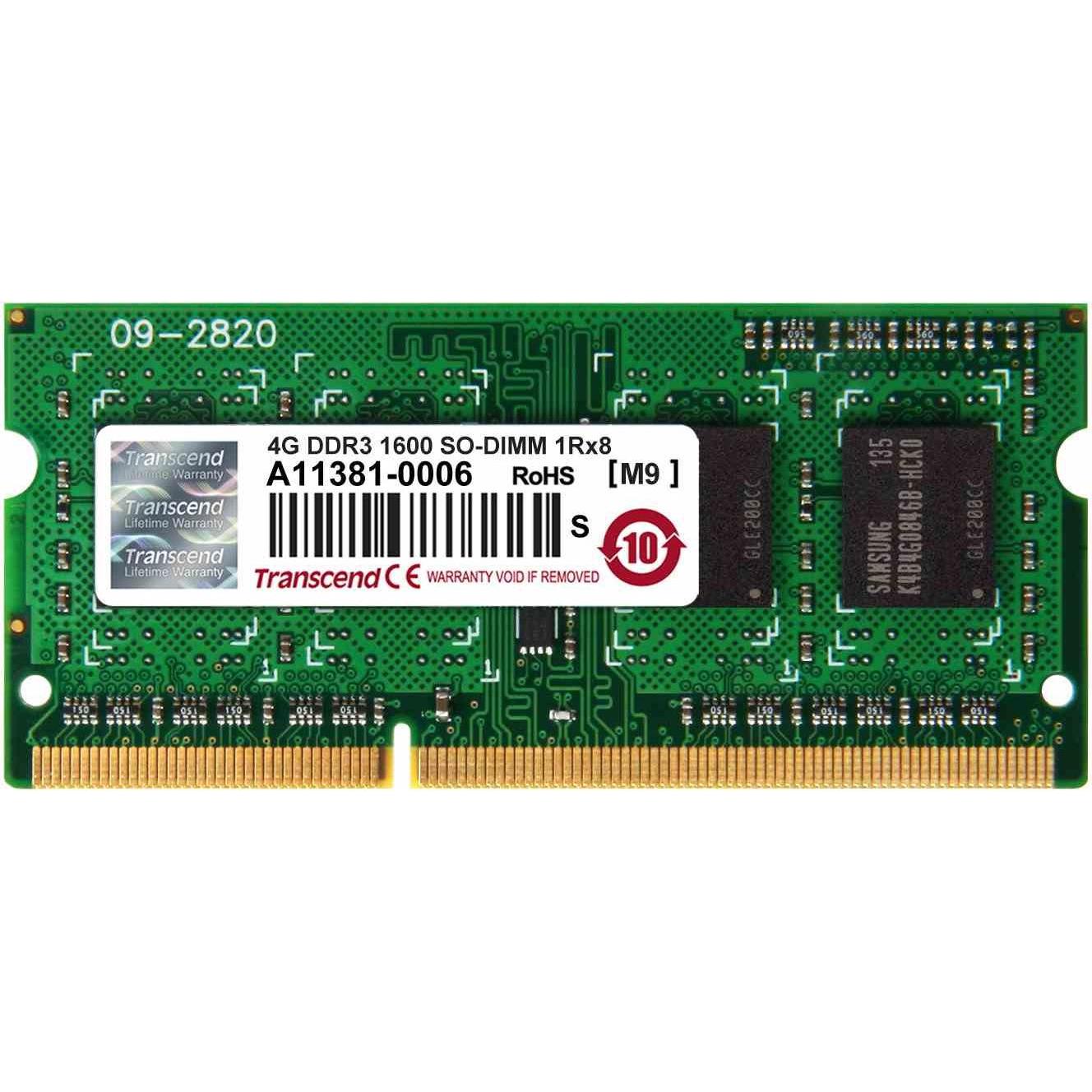 Transcend SODIMM DDR3 1600Mhz 4GB Non-ECC SRx8 CL11 (1 x 4GB, 1600 MHz, DDR3-RAM, SO-DIMM), Memoria RAM