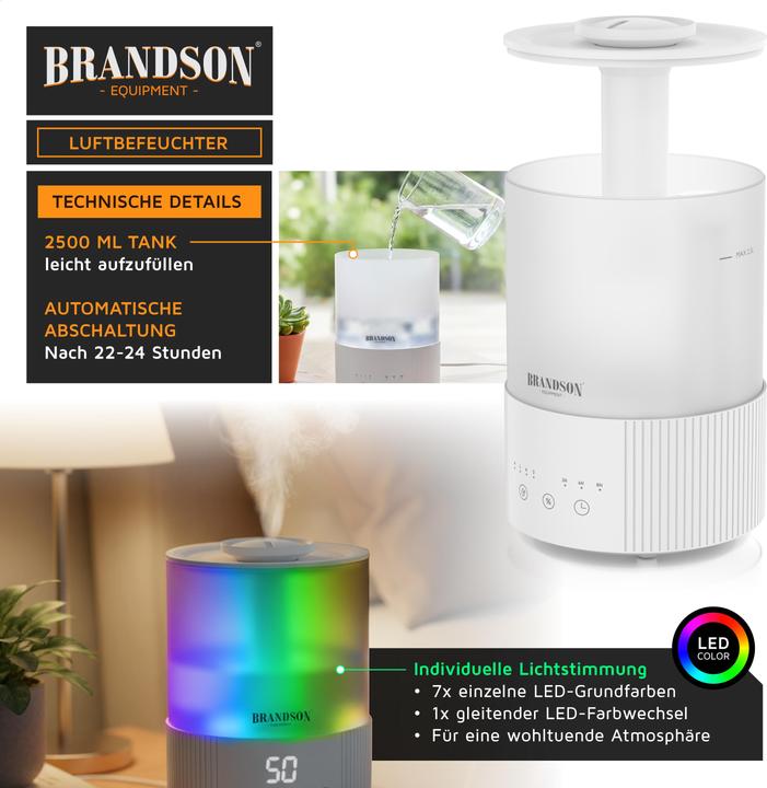 Produktbild Brandson Luftbefeuchter Aroma Diffuser 2,5 L mit RGB-Farbwechsel, 3 Nebelstufen, leise, Timer, Fernbedienung
