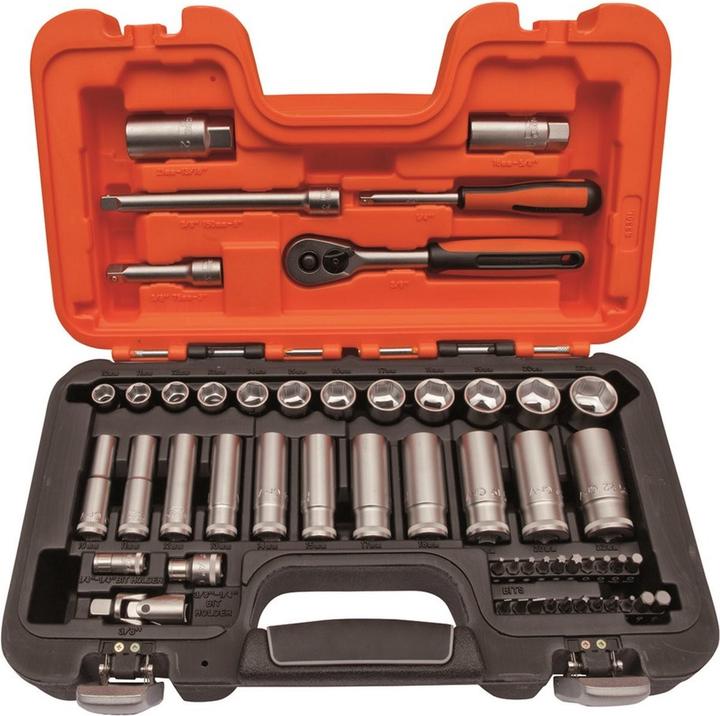 Produktbild Bahco 1/4"- und 3/8"-Steckschlüssel-Satz, metrisch, Sechskant, lange Ausführung, inklusive Knarre - 53- (19 mm, 12 mm, 14 mm, 22 mm, 10  mm, 18 mm, 17 mm, 11 mm, 15 mm, 13 mm)