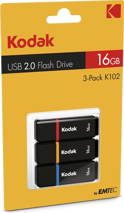 Produktbild Emtec Kodak K102 - USB-Flash-Laufwerk - 16 GB - USB 2.0 - Blau, Gelb, Rot (Packung mit (16 GB, USB-A)