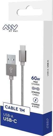 Produktbild My Way Myway Cable Tresse 1m Gris Noir USB A USB C (1 m, USB 2.0, 60 W)