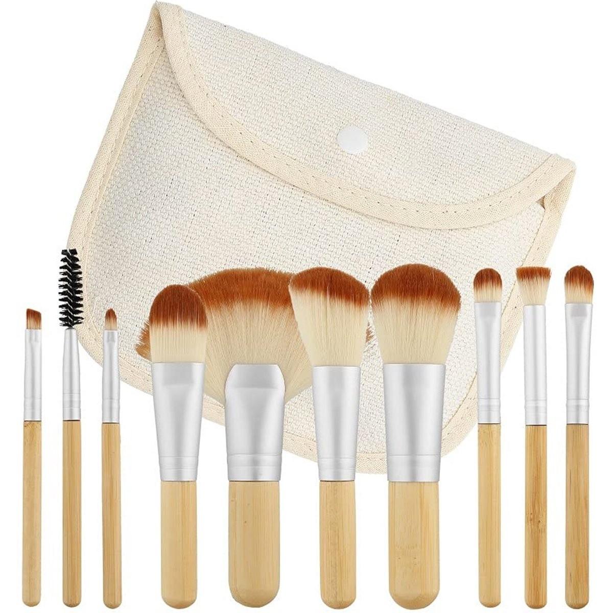 Tools For Beauty Marrone Pennello Make-Up, T4b Mimo Set Di Pennelli Da Trucco In Bambù Da Viaggio Con Custodia In Cotone 10 Pezzi (Set)