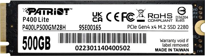 Immagine prodotto Patriot SSD 500GB M.2 P400 Lite PCIe 4x4 NVMe 3500/2400 (500 GB, M.2 2280)