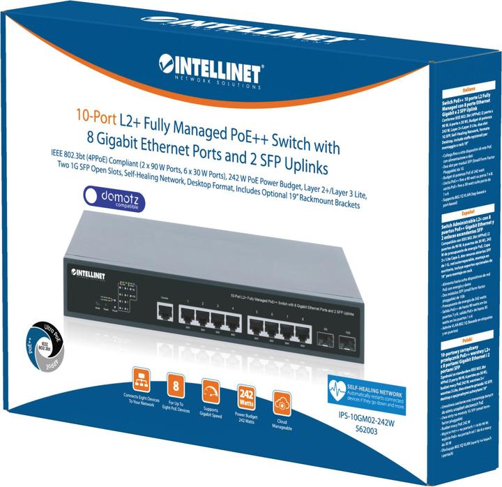 Actual product image Intellinet 10-port L2+ Fully Managed PoE++ switch with 8 Gigabit ports and 2 SFP uplinks 242 W PoE-Le (10 ports)