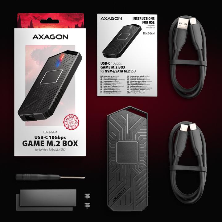 Actual product image Axagon EEM2-GAM, USB-C 10Gbps - NVMe & SATA SSD GAME M.2 box, bezšroubkový (M.2)
