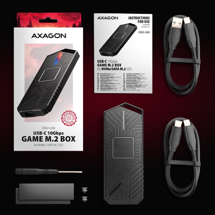 Actual product image Axagon EEM2-GAM, USB-C 10Gbps - NVMe & SATA SSD GAME M.2 box, bezšroubkový (M.2 2280)
