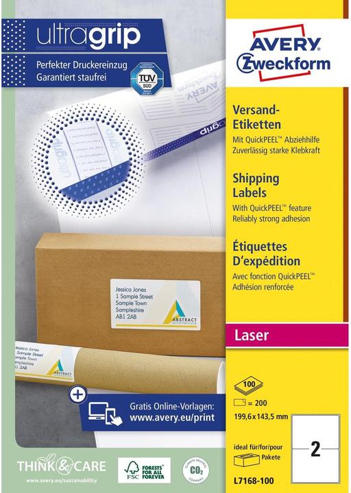 Actual product image Avery Versandet labels 199,6x143,5mm L7168-100 weiss 200 Stk./100 Blatt