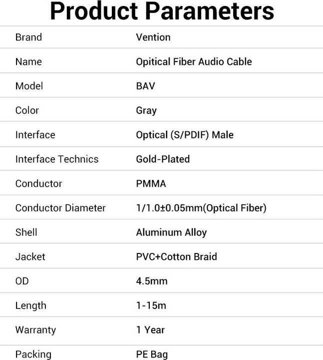 Nutritional values and ingredients Vention Optical Audio Cable 3m BAVHI Gray (3 m, TOSLINK)