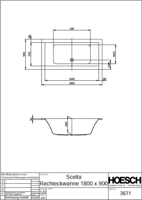 Produktbild Hoesch Badewanne SCELTA 1800x900x480mm we (225 l, 180 cm, 90 cm)