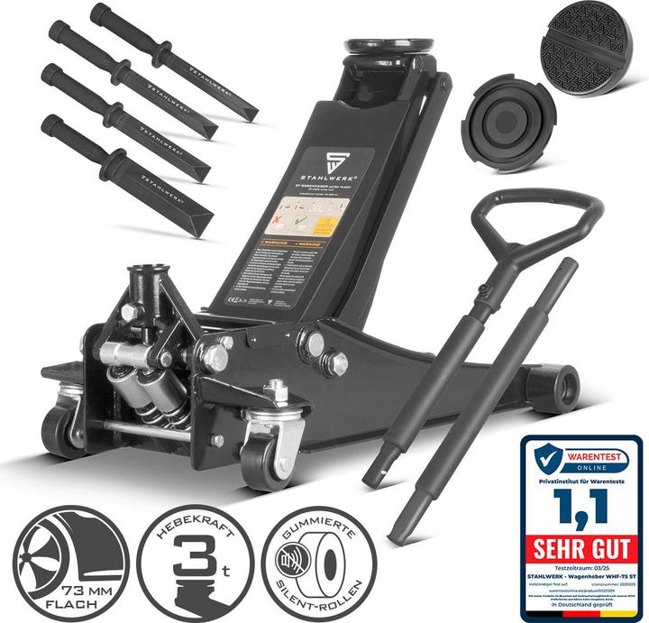 Stahlwerk Wagenheber WHB-73 ST mit 3 t Tragkraft Gummirollen 73-500mm Hubbereich