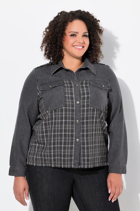 Immagine prodotto Ulla Popken Camicia di jeans con inserto in flanella, collo da camicia, frange e maniche lunghe (50, 52)