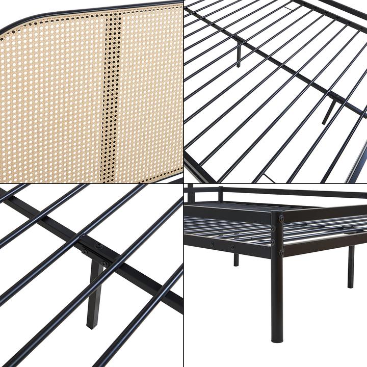 Actual product image En.Casa Metallbett Linköping mit ovalem Kopfteil 160x200 cm Schwarz/Rattanoptik (160 x 200 cm)