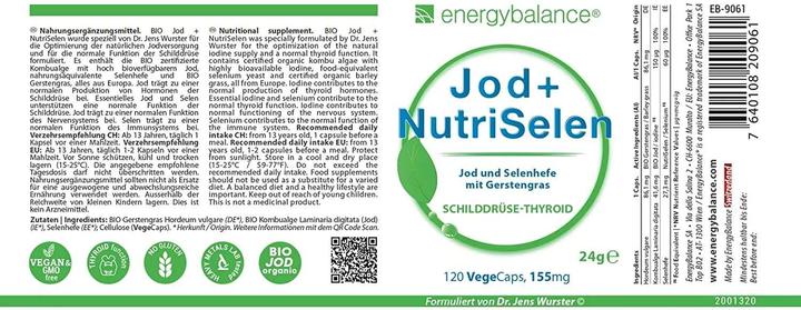 Valeurs nutritives et ingrédients Energybalance Iode + NutriSelen (120 pièce(s), Capsules, 24 g)