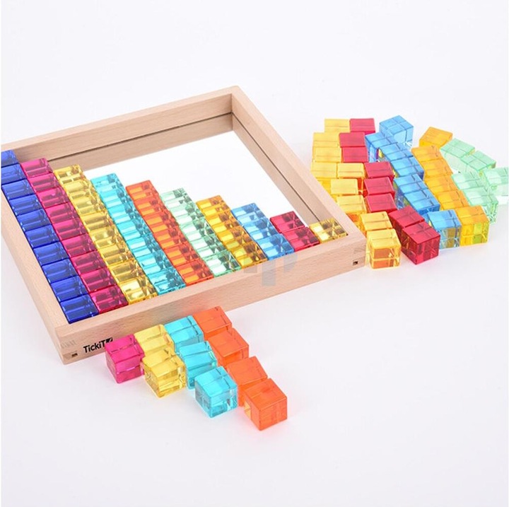 Produktbild TickiT Set mit 100 farbigen und Transparente Acryl-Würfel und einem Spiegelkasten aus Holz