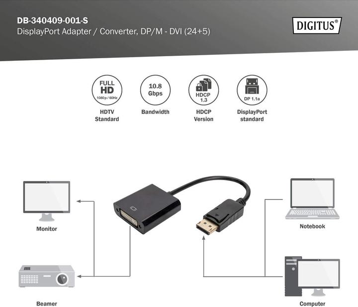 Produktbild Digitus DisplayP.Adapterk,DP/DVI 0.15m (DVI, 15 cm)