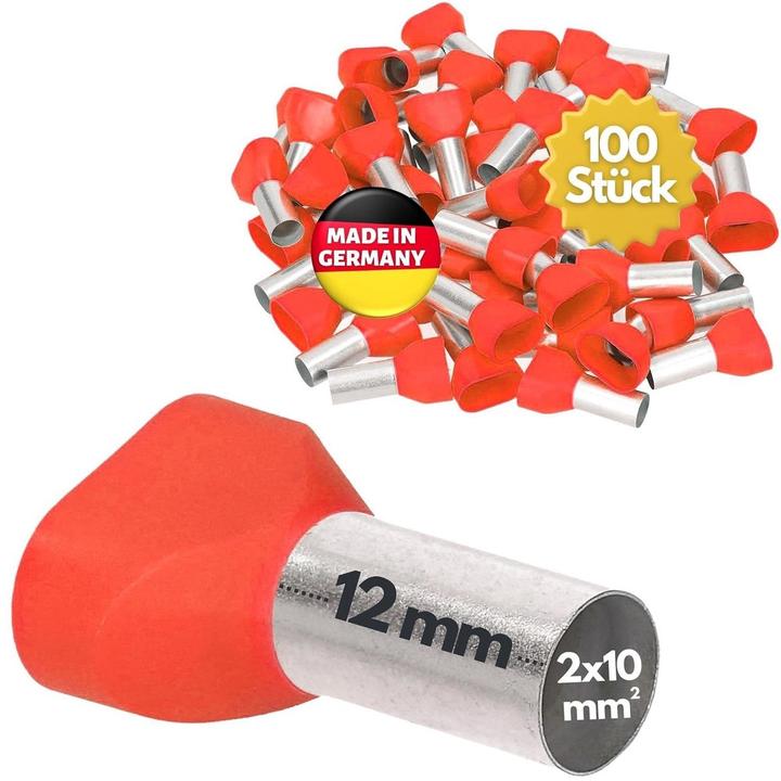 Kalitec 100 Stück AET1012RT Zwillingsaderendhülsen isoliert 2x10,0mm² 12mm lang rot I Made in German