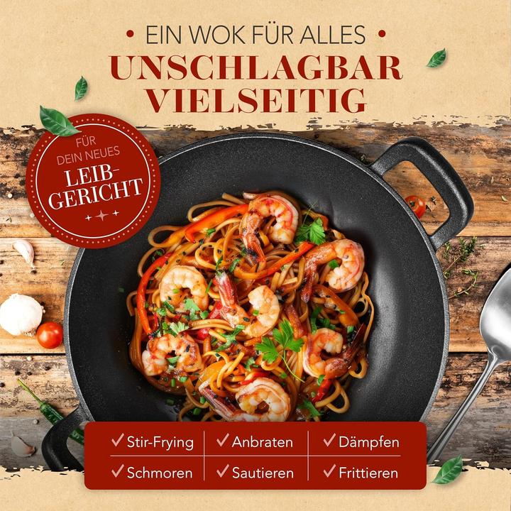 Produktbild Krustenzauber Wokpfanne mit Wokkelle, Induktionsgeeignet (36 cm, Wok Pfanne, Gusseisen)