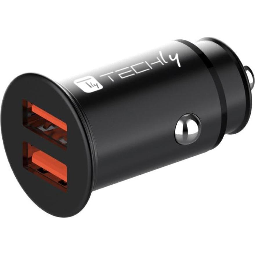 Techly Mini Car Charger 2 Ports USB-A, Auto Adapter, Schwarz