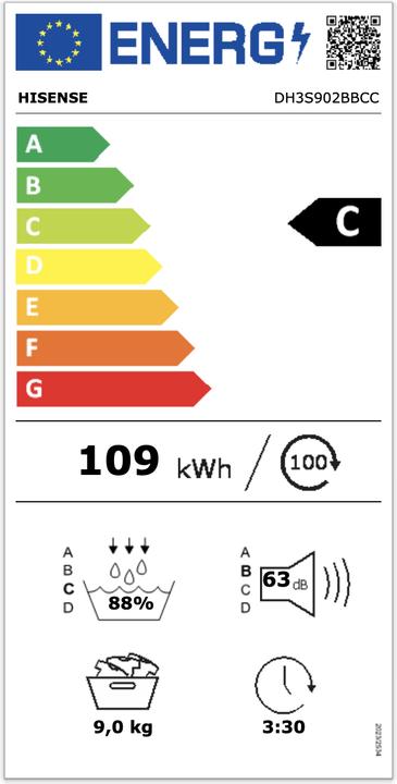 Energie-Label Hisense DH3S902BBCC (9 kg, Links, Wechselbar)