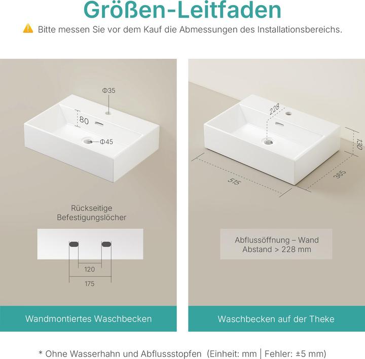 Produktbild Emke Aufsatzwaschbecken Keramik Waschbecken Eckiger Hängewaschbecken Waschtisch, Modernes Design für (365 mm, 515 mm)