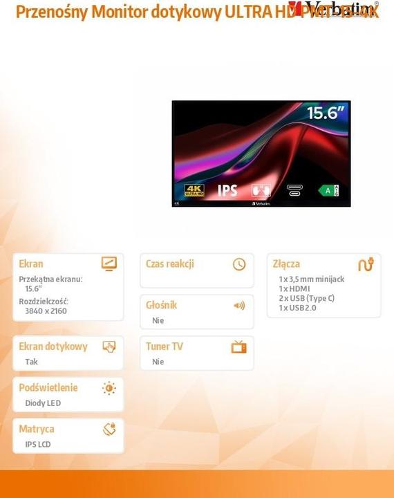 Actual product image Verbatim PMT-15 4K Portable Touchscreen Monitor 15.6" 4K Ultra HD Metal Housing (3840 x 2160 Pixels, 15.60")