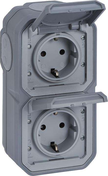 Produktbild Legrand Plexo NEW APWG 069744L Schuko Steckdose IP44 grau 2fach senkr.