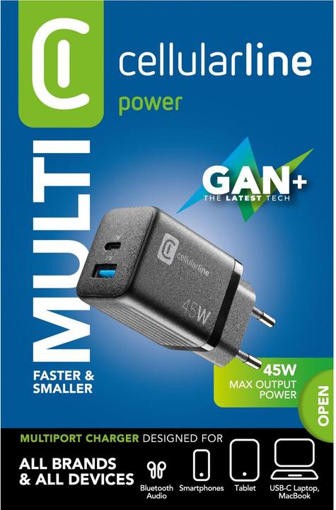 Produktbild Cellularline Reiselader 45W Multipower 1 x USB C und 1 x USB A ACHUSBGAN2PD45WK (45 W, 1 Port)