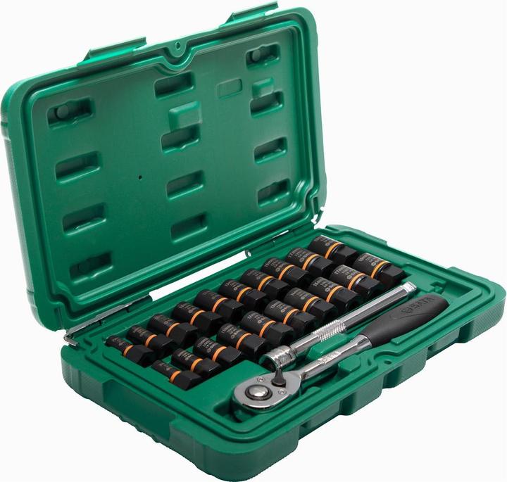 SATA BoltBiter screw extractor set, 23 pieces, 1/4 and 3/8 " (19 mm, 12 mm, 14 mm, 16 mm, 10 mm, 18 mm, 7 mm, 17 mm, 11 mm, 15 mm, 8 mm, 9 mm, 13 mm)